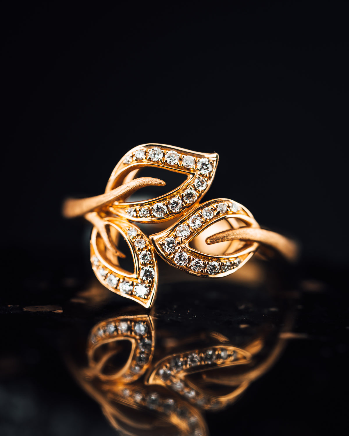 14k Rose Gold and Diamond Leaf Ring