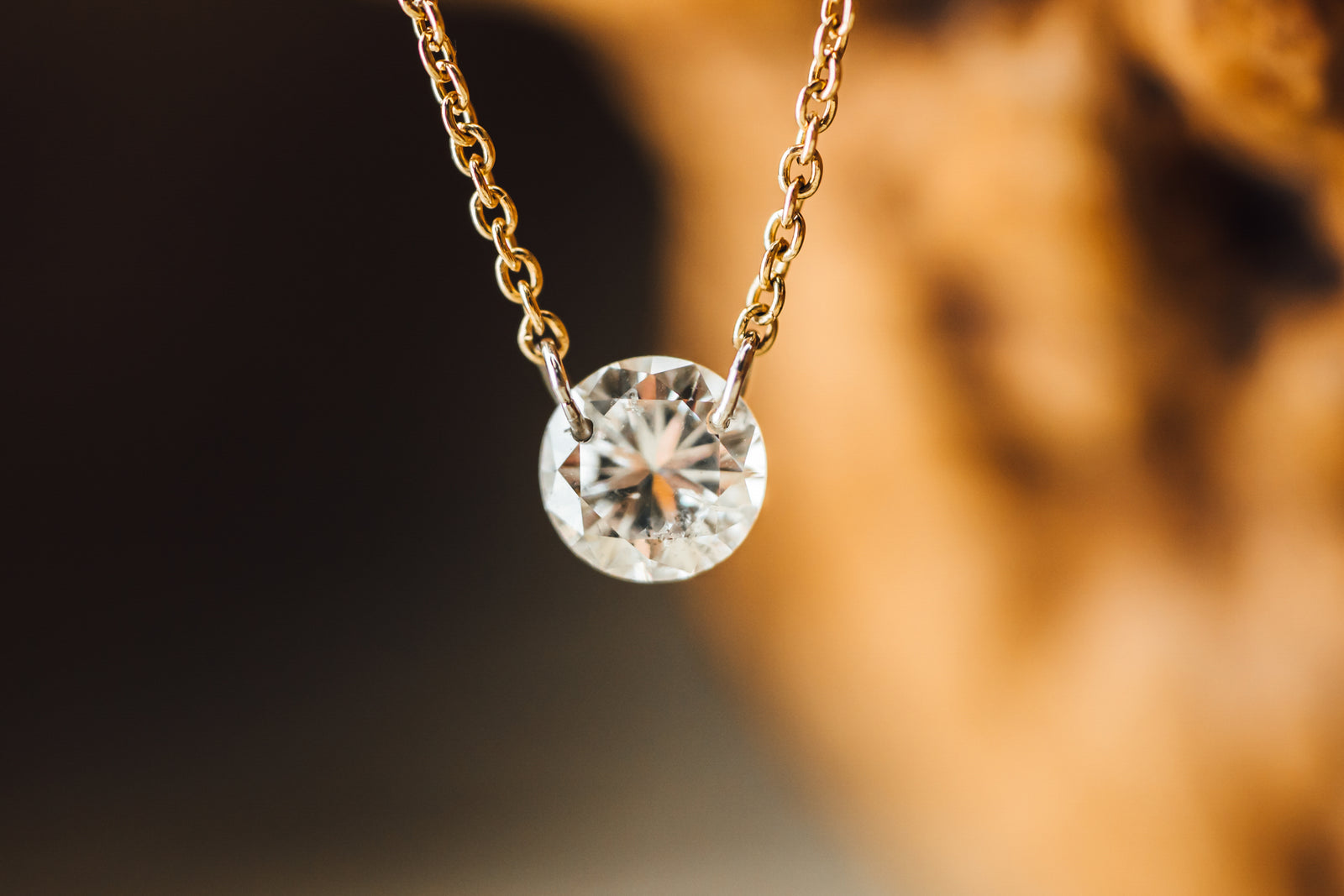 14k Yellow Gold Laser Drilled Dancing Diamond Necklace