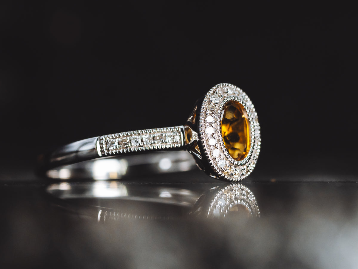 14k White Gold Citrine and Diamond Halo Ring
