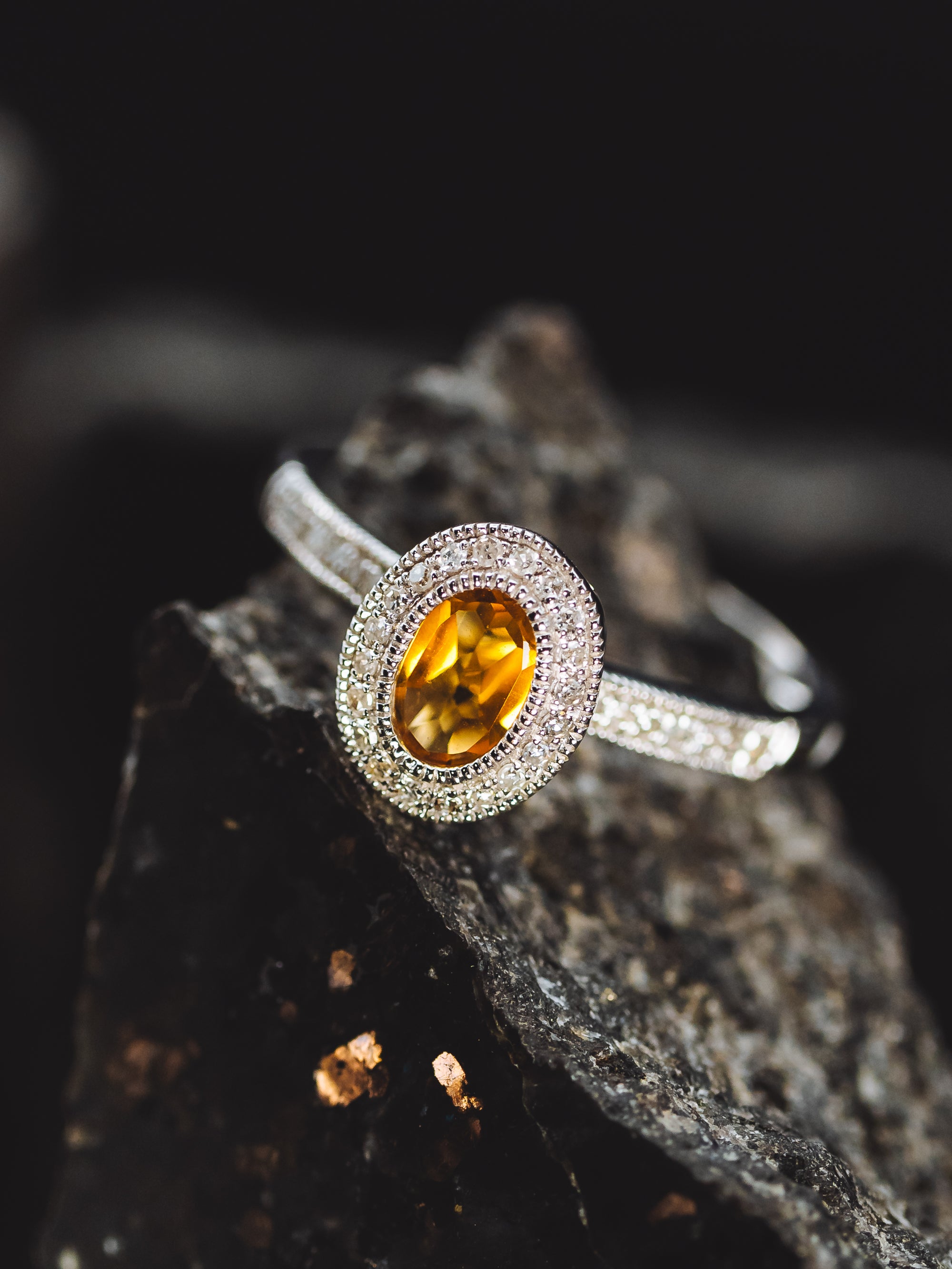 14k White Gold Citrine and Diamond Halo Ring