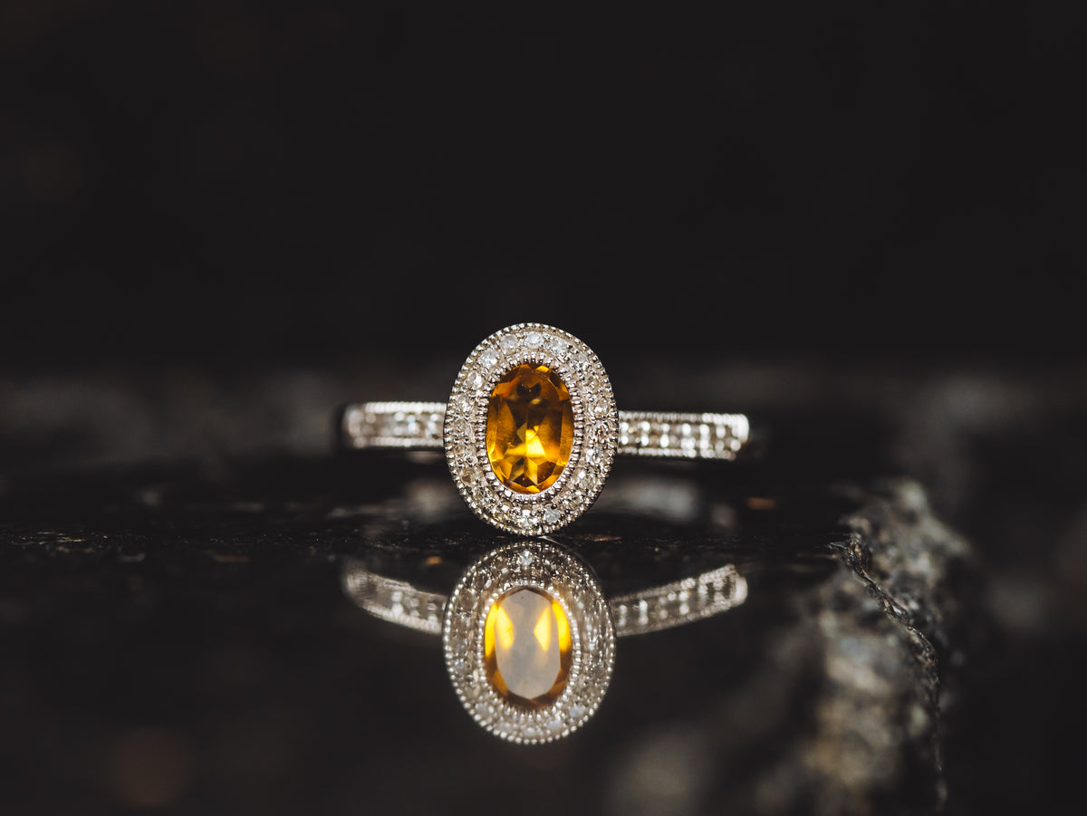 14k White Gold Citrine and Diamond Halo Ring