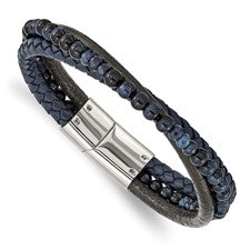 Men's Stainless & Leather Bracelet w/Blackened Tigers Eye and Chalcedony