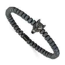 Men&#39;s Stainless Steel Antiqued Wolf Head Matte 6.5mm Hematite Beaded 7.25 inch Stretch Bracelet