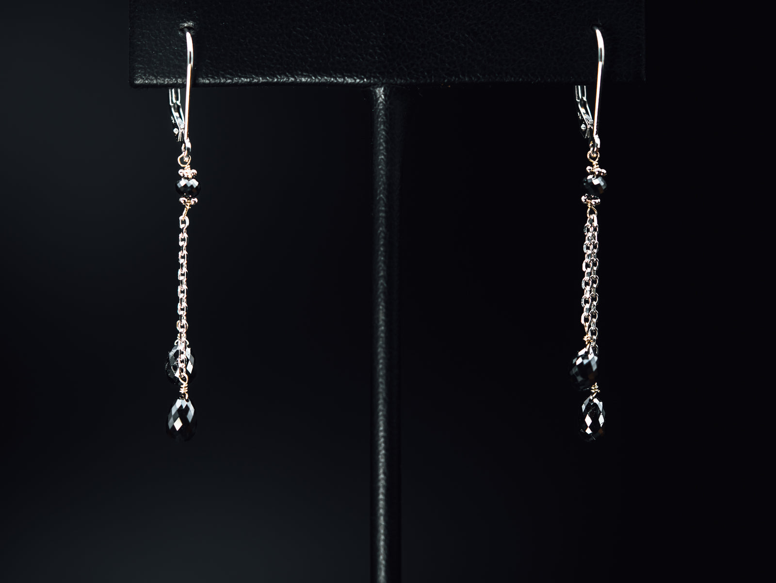 14k White Gold Double Drop Black Diamond Earrings