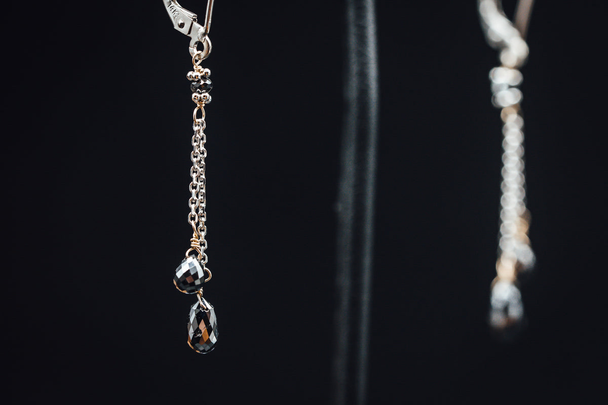 14k White Gold Double Drop Black Diamond Earrings