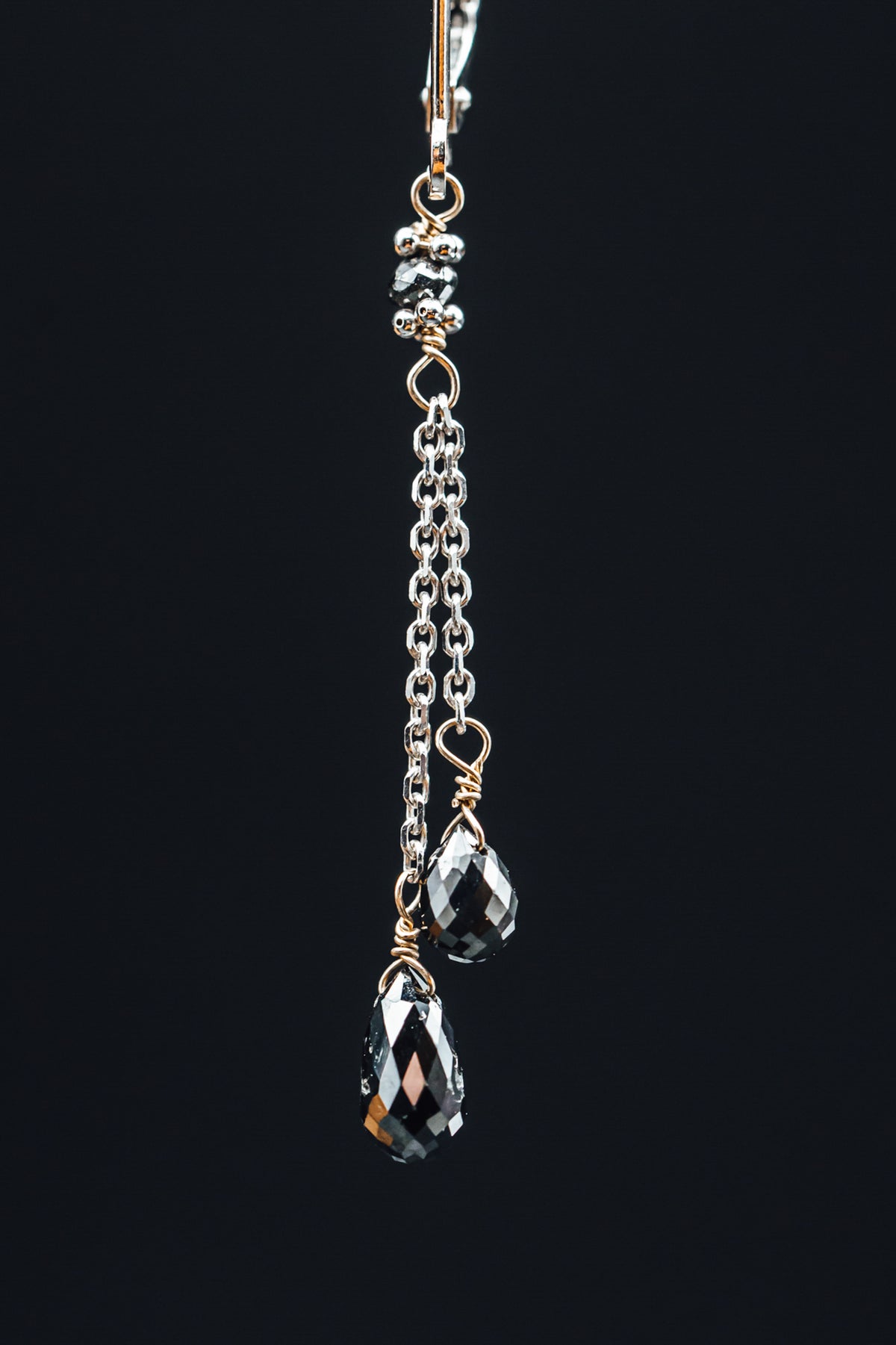 14k White Gold Double Drop Black Diamond Earrings