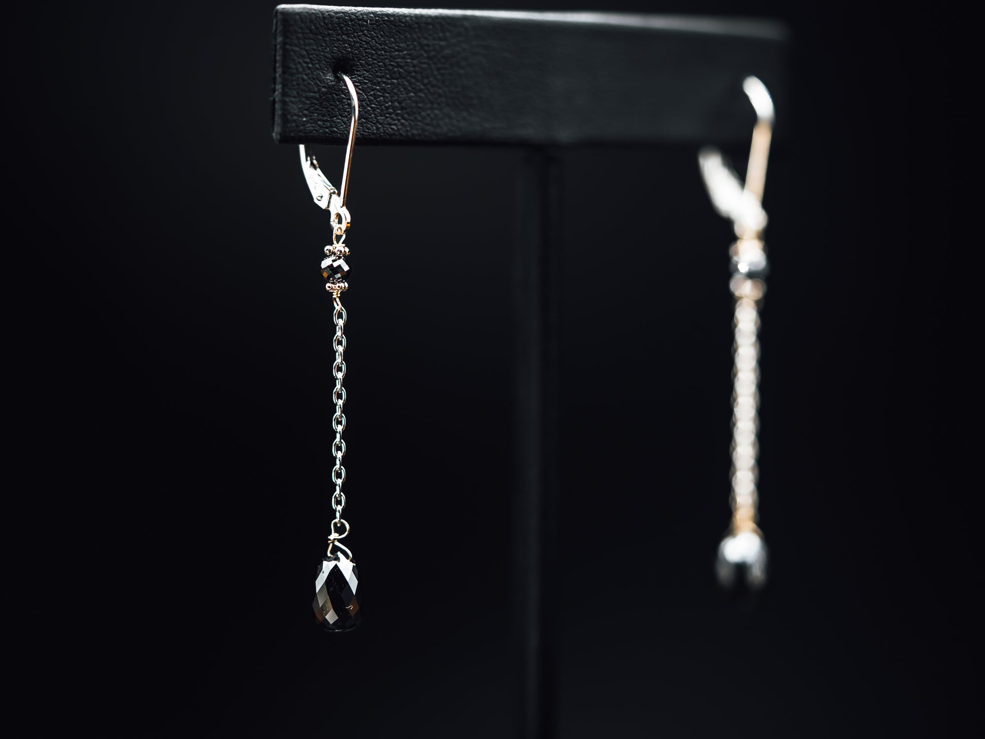 14k White Gold Single Drop Long Black Diamond Earrings