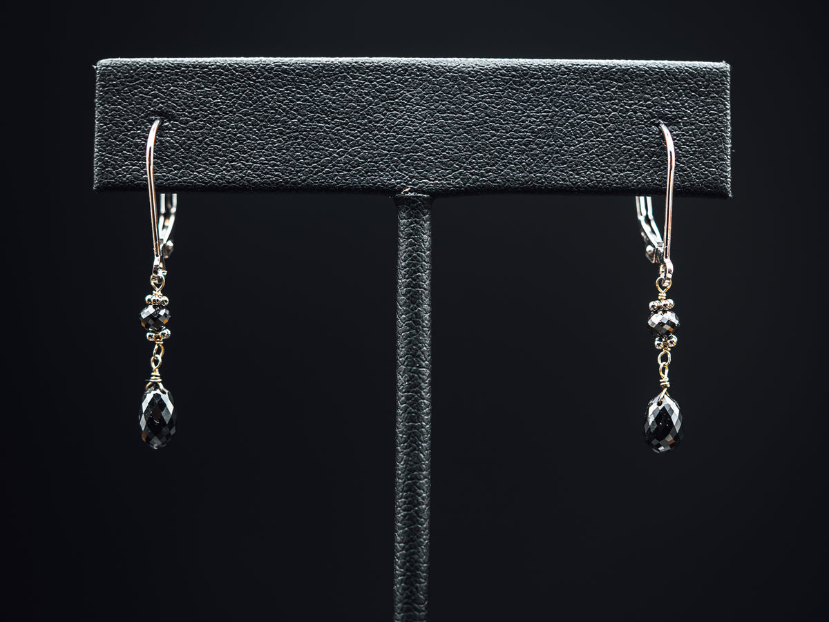 14k White Gold Single Drop Short Black Diamond Earrings