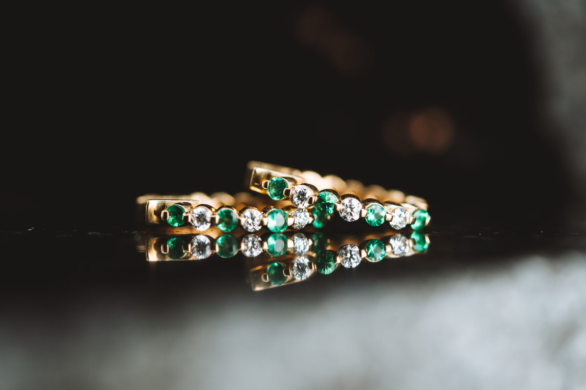14k Yellow Gold Emerald and Diamond Small Hoop Earrings