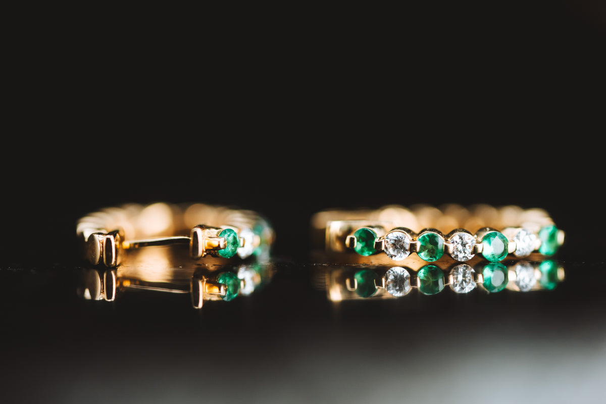 14k Yellow Gold Emerald and Diamond Small Hoop Earrings