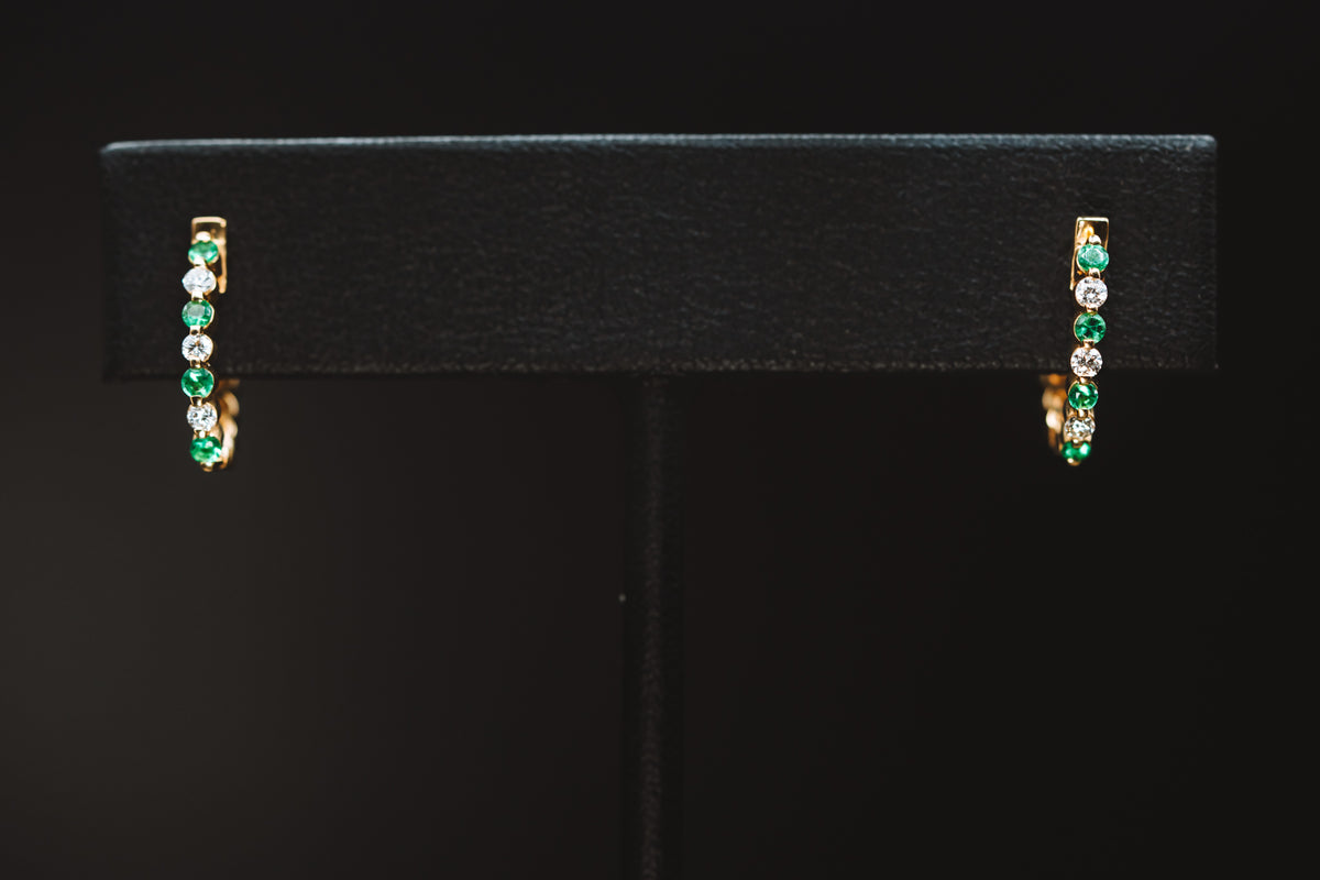 14k Yellow Gold Emerald and Diamond Small Hoop Earrings