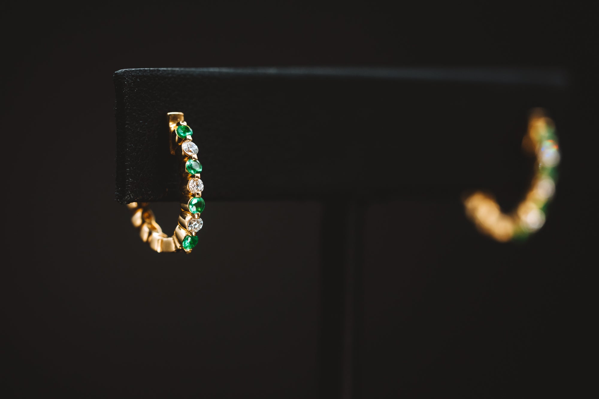 14k Yellow Gold Emerald and Diamond Small Hoop Earrings