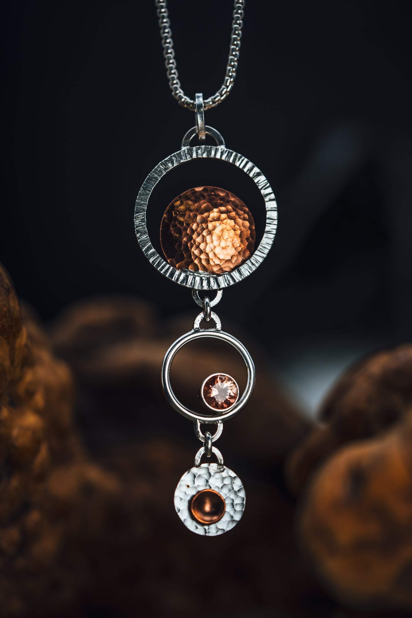 Sterling Silver and Copper Oregon Sunstone Satellite Pendant