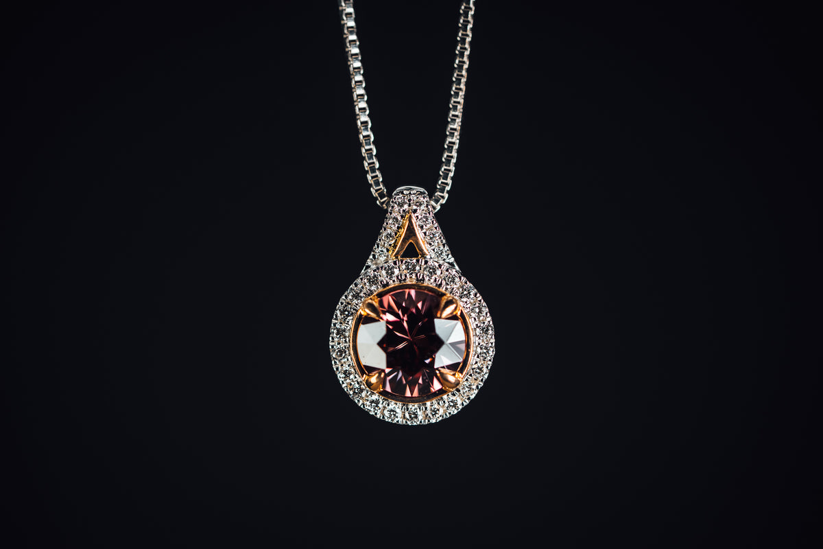 14k White and Rose Gold Spiced Zircon and Diamond Halo Pendant