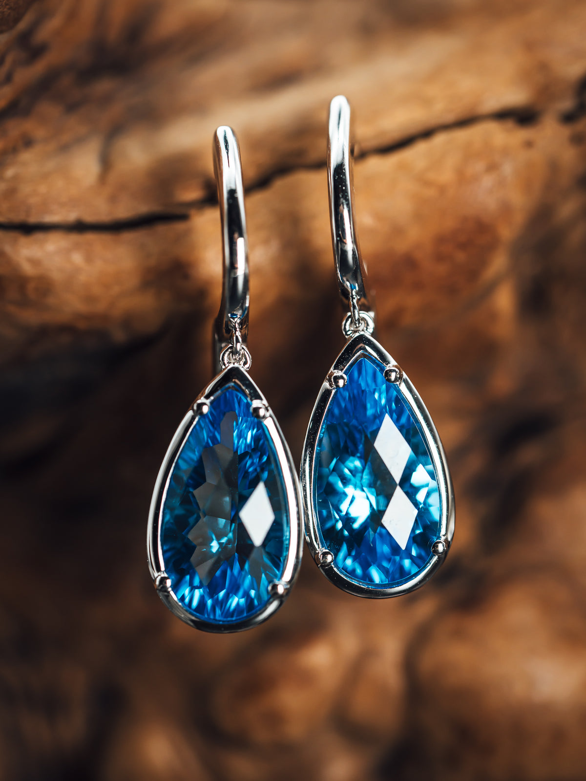 14k White Gold Blue Topaz Drop Earrings