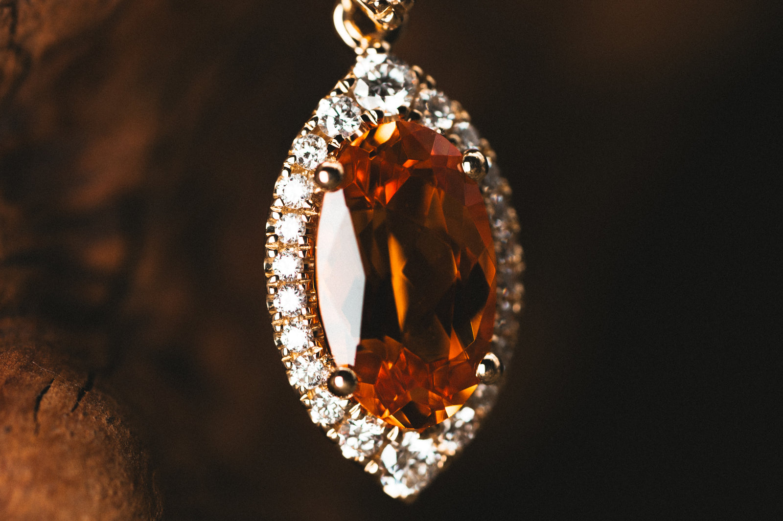 14k Yellow Gold Marquise Spessartite Garnet and Diamond Pendant