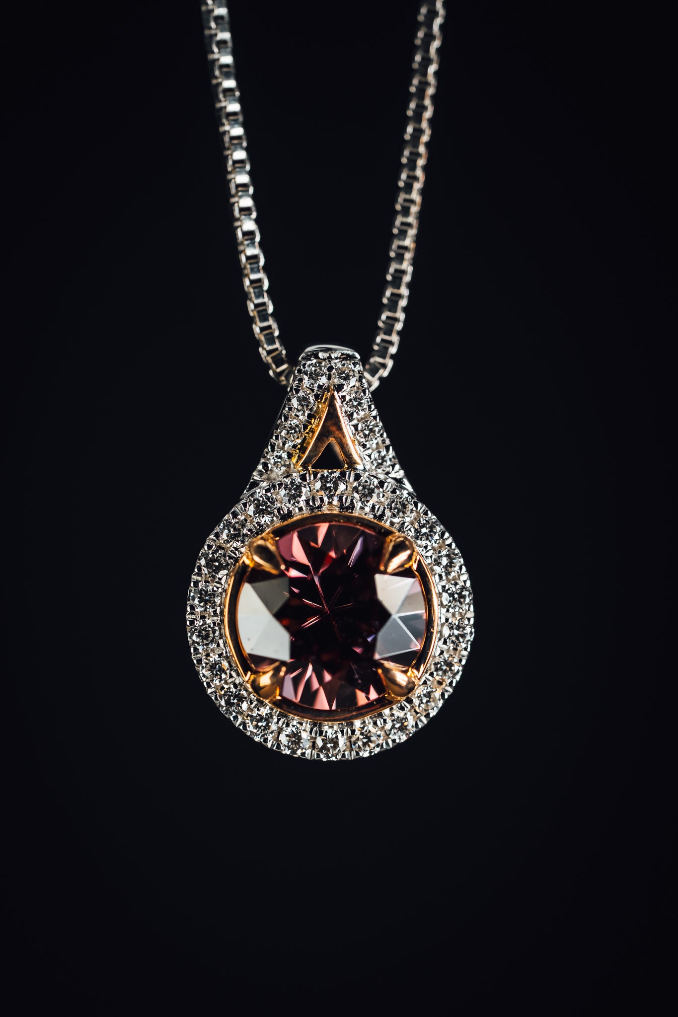 14k White and Rose Gold Spiced Zircon and Diamond Halo Pendant
