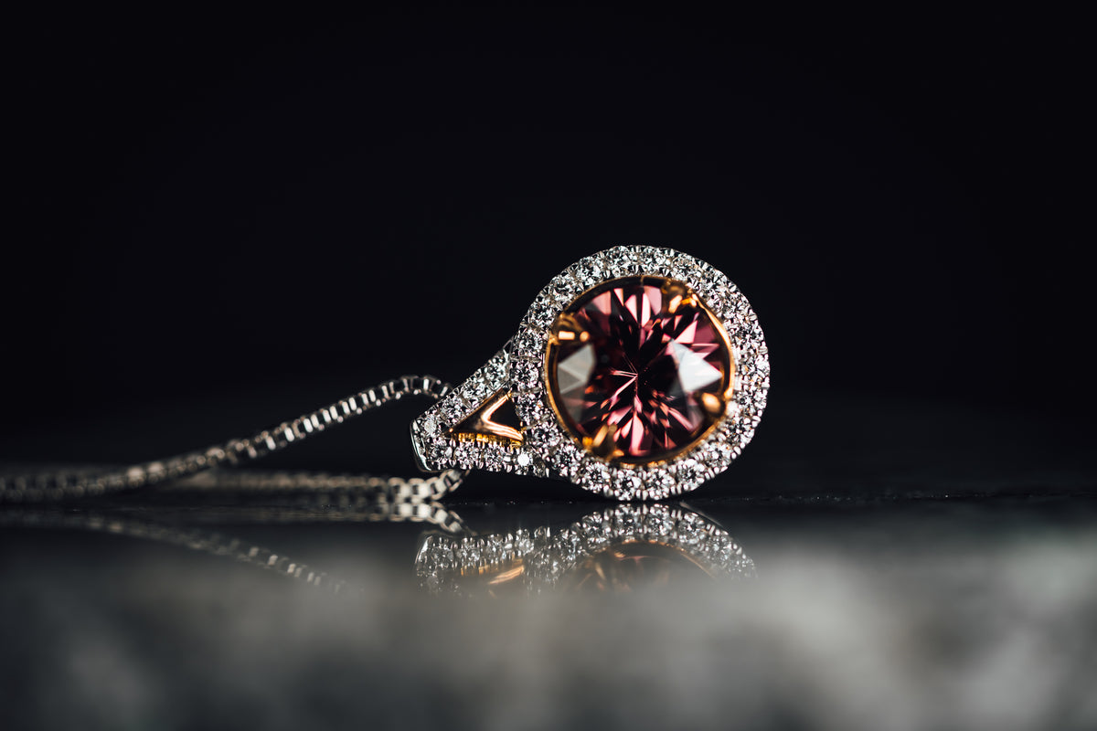 14k White and Rose Gold Spiced Zircon and Diamond Halo Pendant