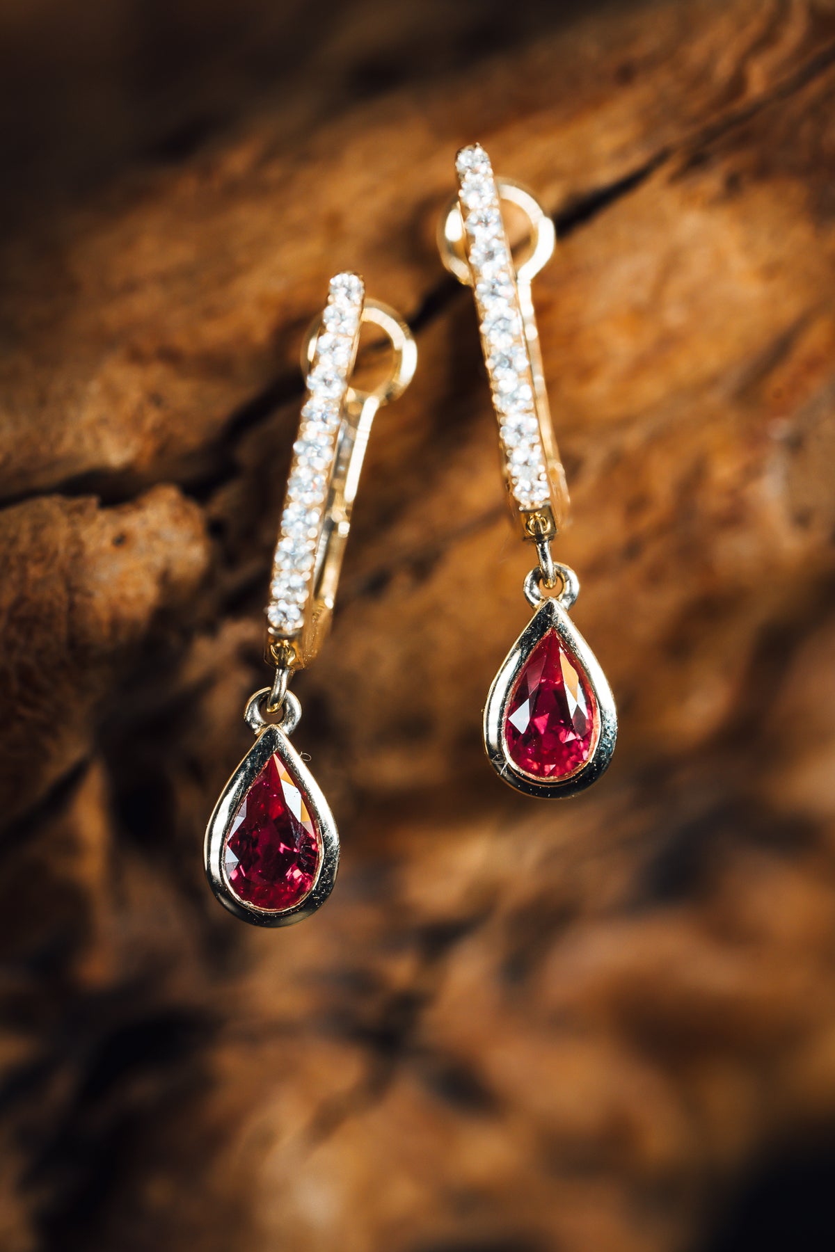 14k Yellow Gold Ruby and Diamond Huggie Hoop Earrings