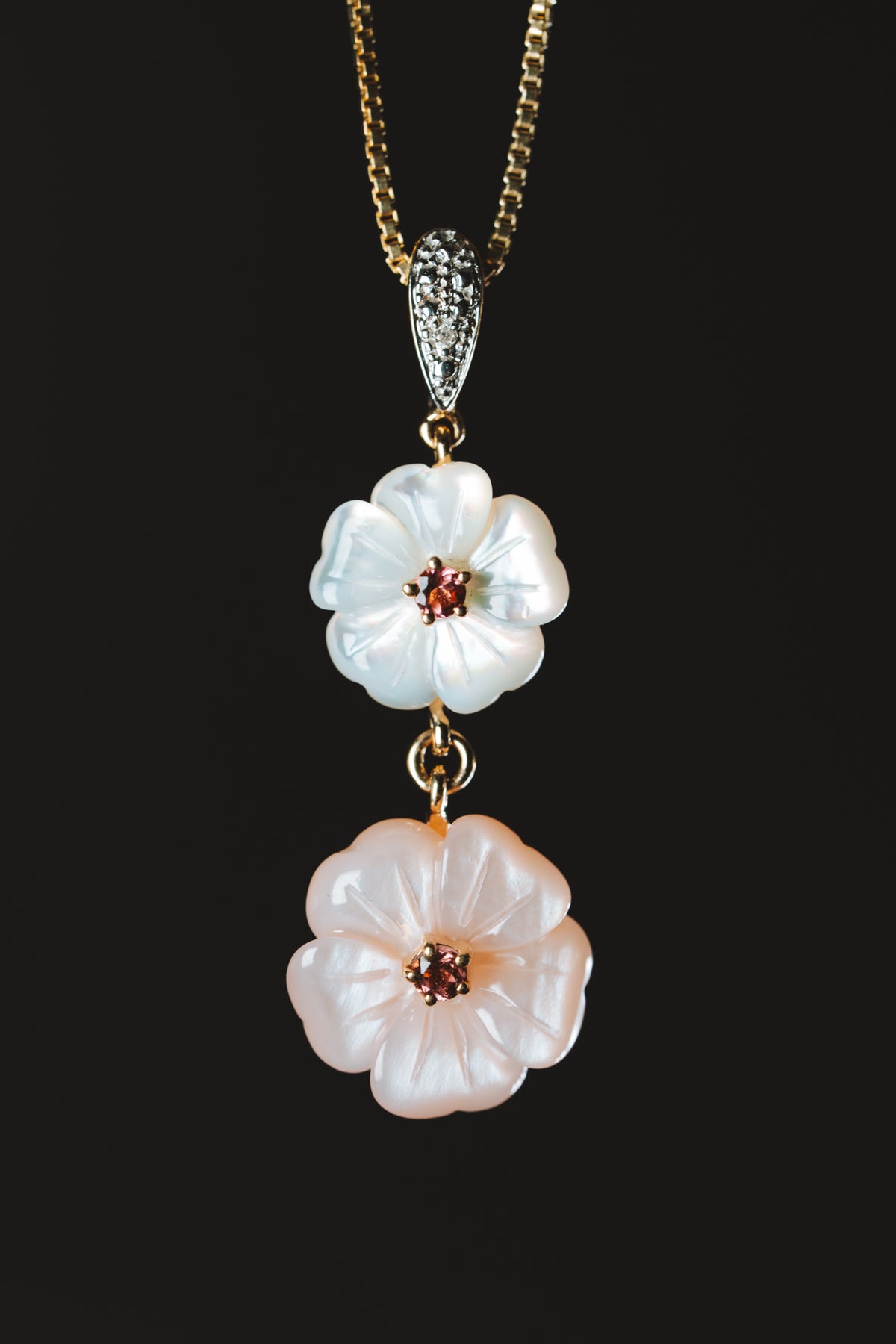 14k Yellow Gold Mother of Pearl Pink Tourmaline and  Diamond Pendant