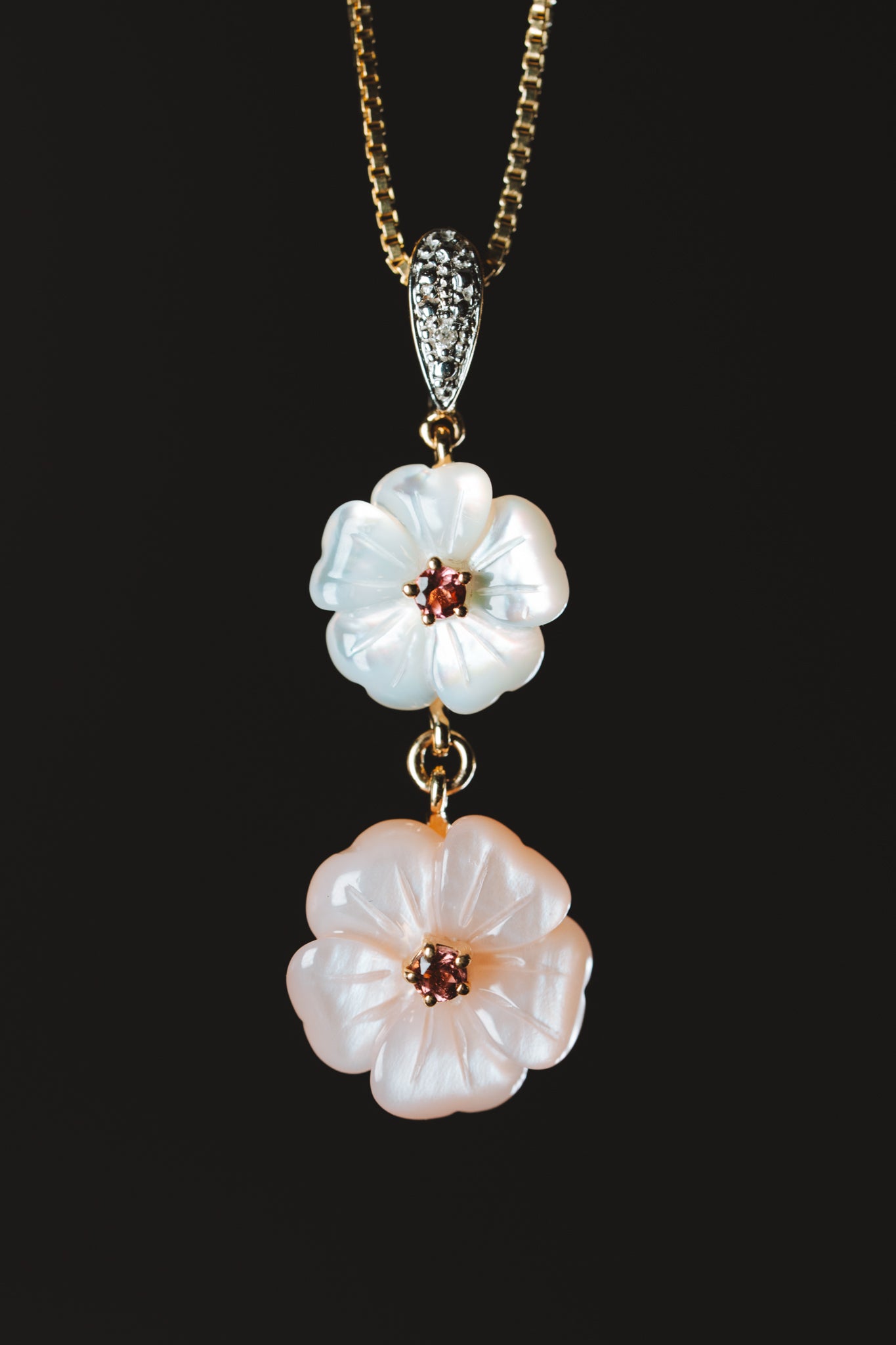 14k Yellow Gold Mother of Pearl Pink Tourmaline and  Diamond Pendant