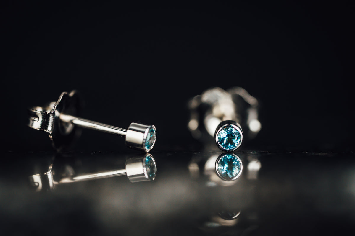 14k White Gold Blue Topaz Tiny Stud Earrings