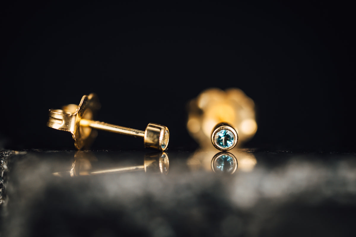 14k Yellow Gold Blue Topaz Tiny Stud Earrings