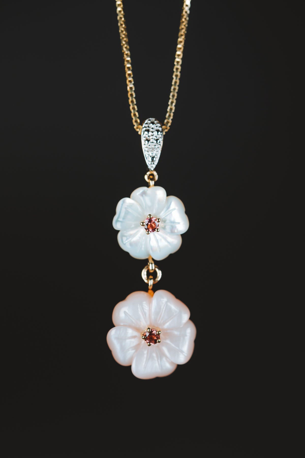 14k Yellow Gold Mother of Pearl Pink Tourmaline and  Diamond Pendant