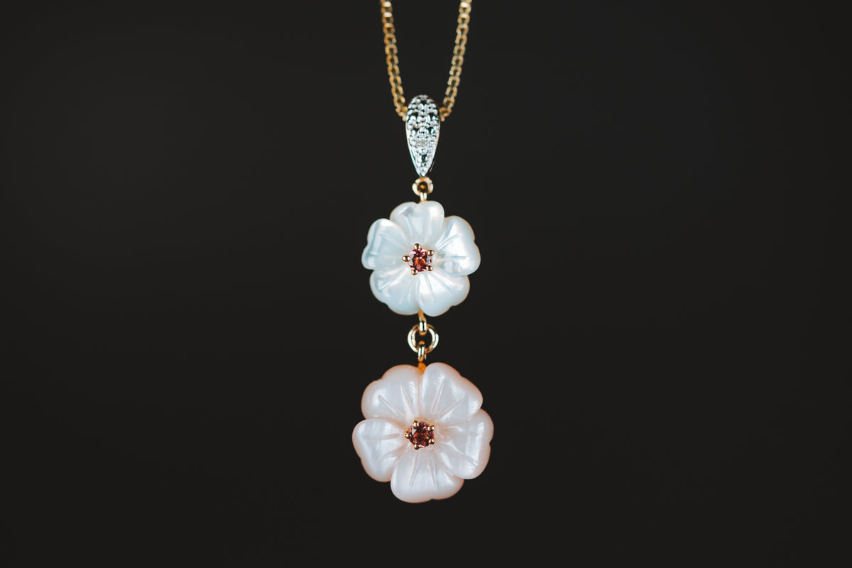 14k Yellow Gold Mother of Pearl Pink Tourmaline and  Diamond Pendant