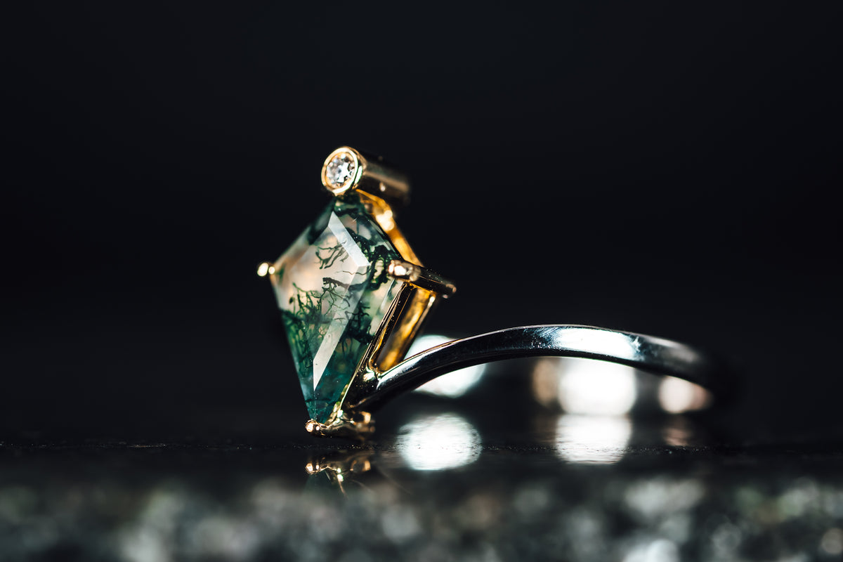 14k White and Yellow Gold Moss Agate and Diamond Ring