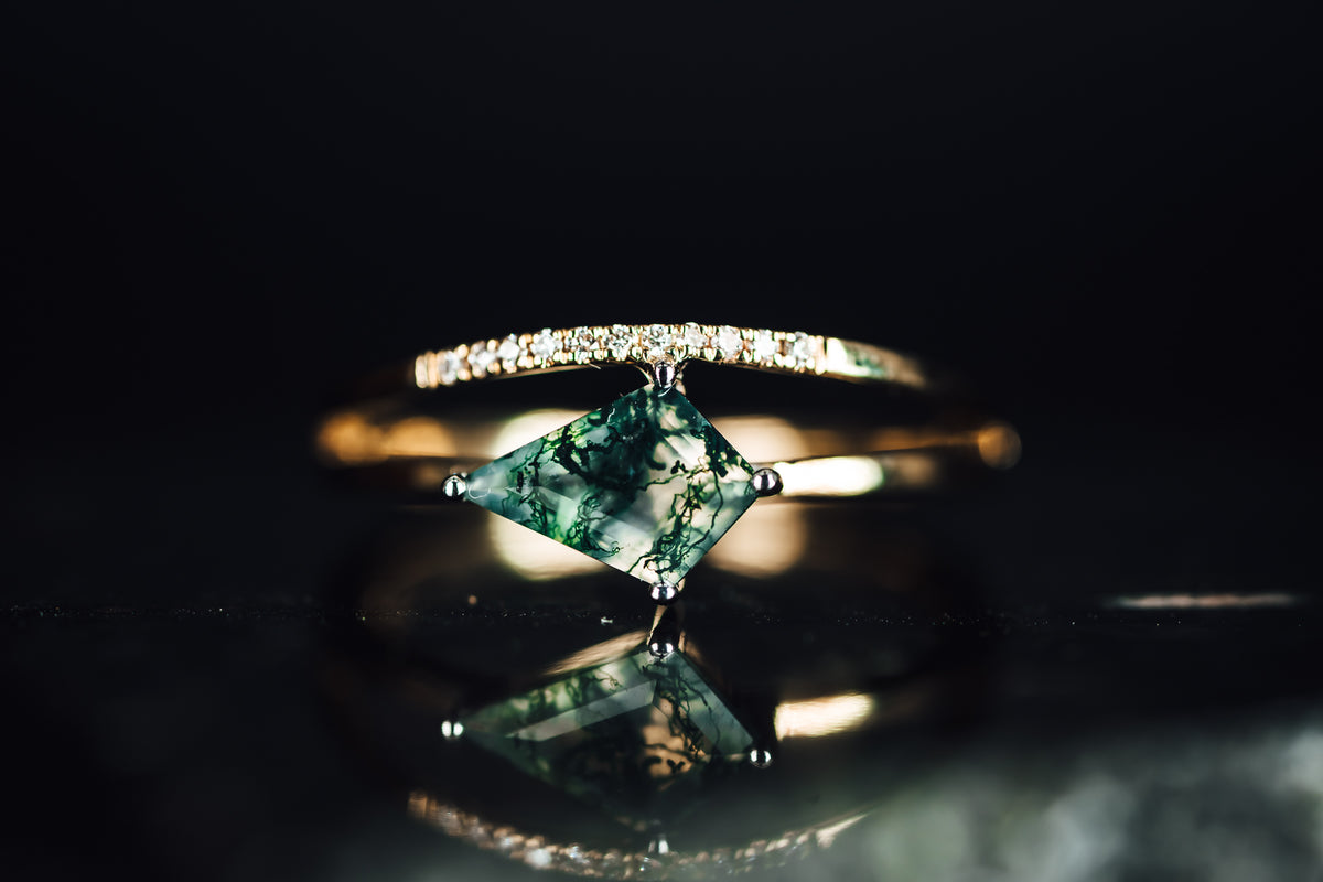 14k Yellow and White Gold Moss Agate and Diamond Ring