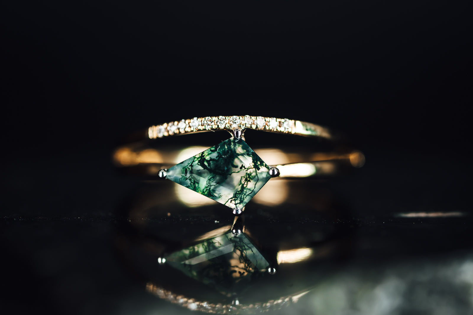 14k Yellow and White Gold Moss Agate and Diamond Ring