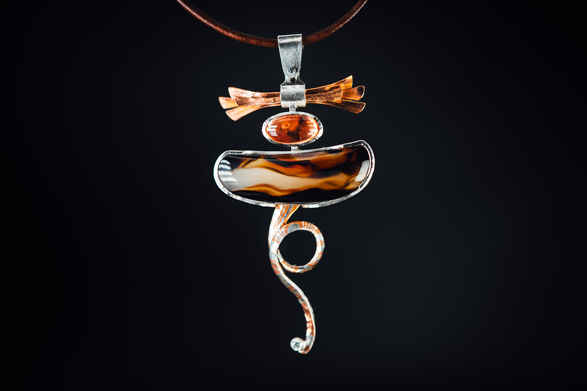 Sterling Silver and Copper Montana Agate Oregon Sunstone and Diamond Pendant