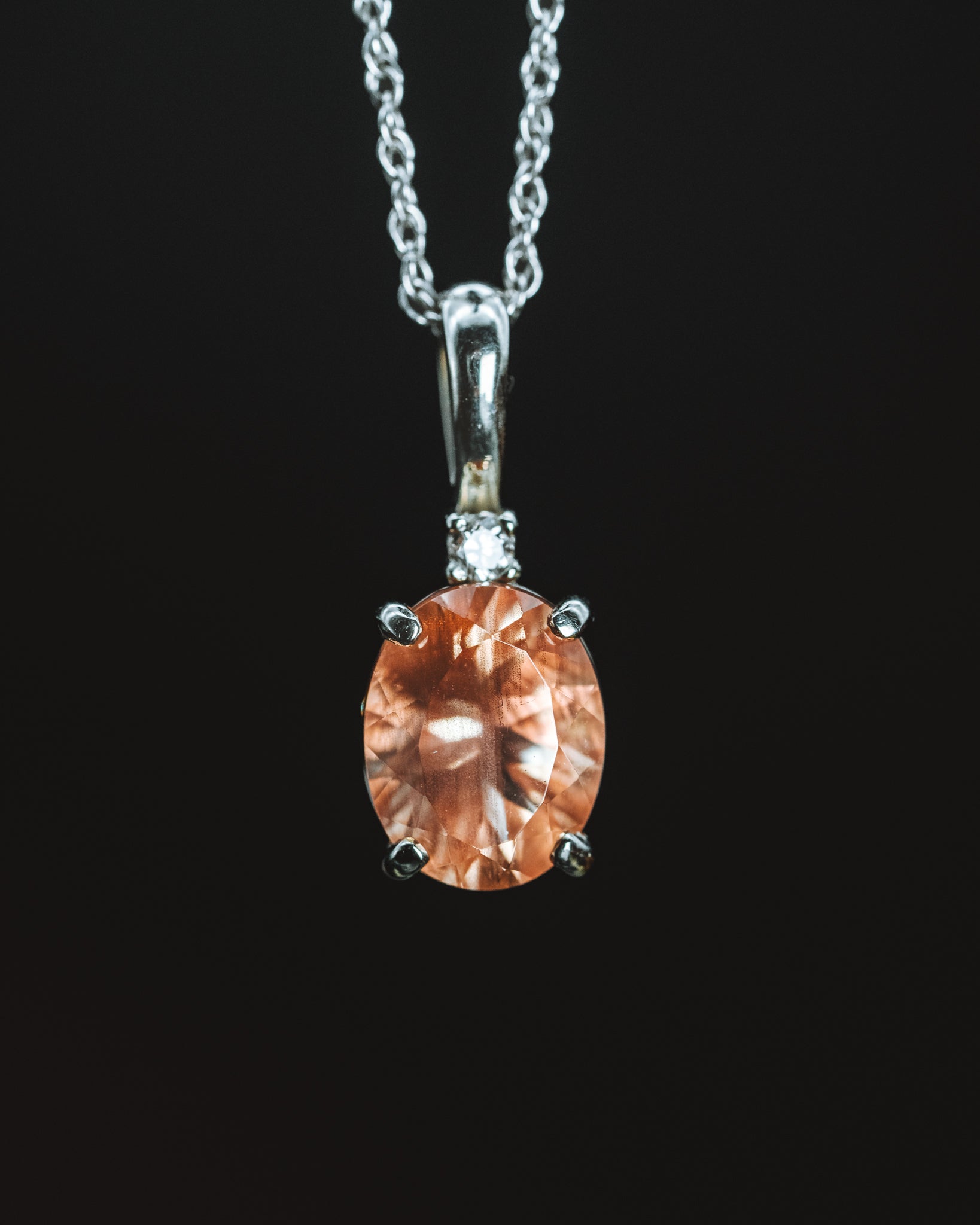 14k White Gold Oval Oregon Sunstone and Diamond Pendant