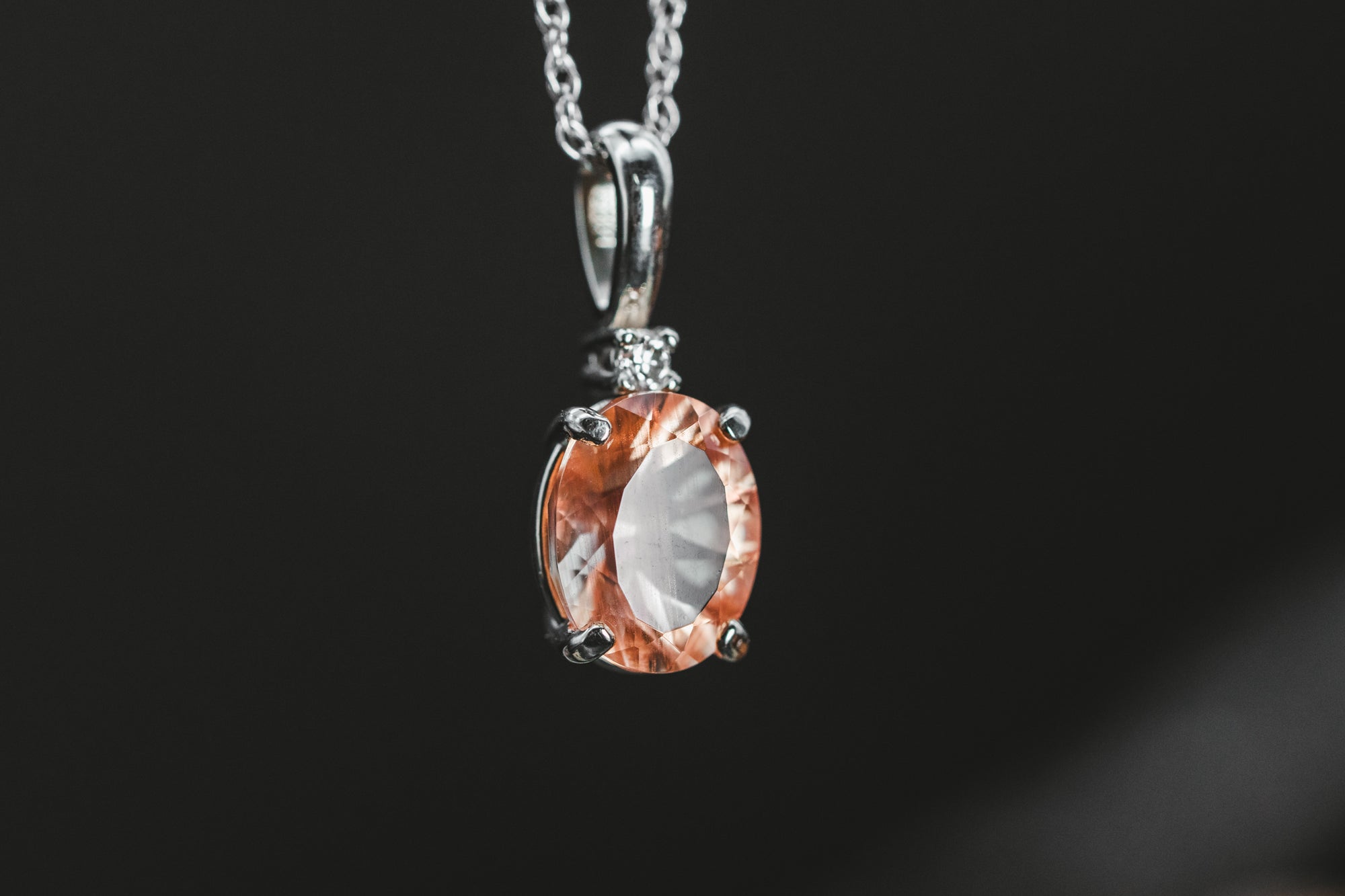 14k White Gold Oval Oregon Sunstone and Diamond Pendant