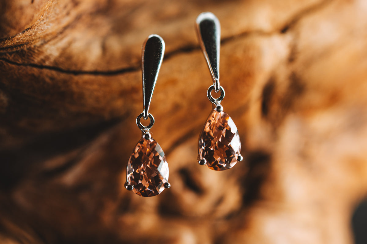 Sterling Silver Lab Grown Peachy Pink Stone Drop Earrings