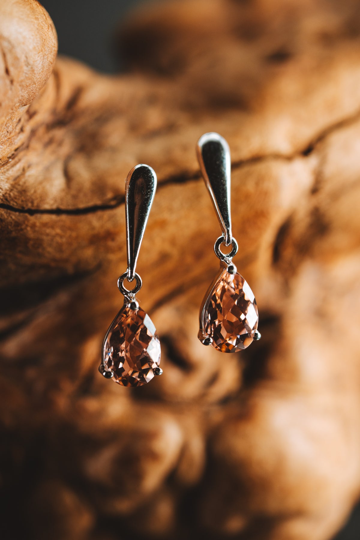 Sterling Silver Lab Grown Peachy Pink Stone Drop Earrings