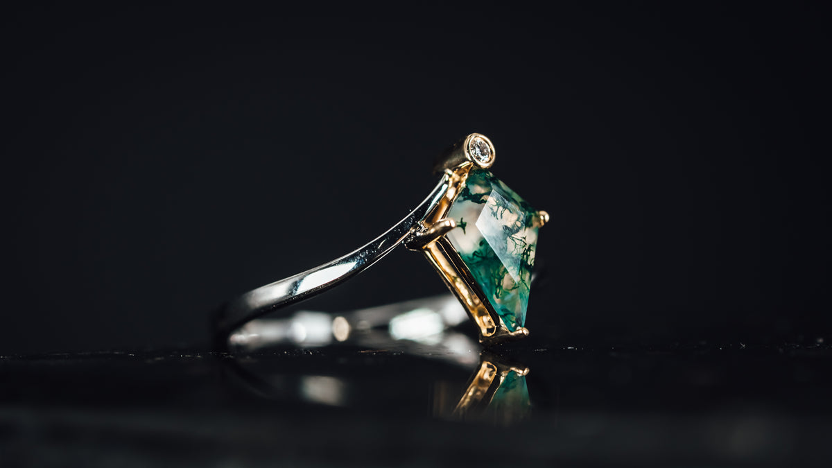 14k White and Yellow Gold Moss Agate and Diamond Ring