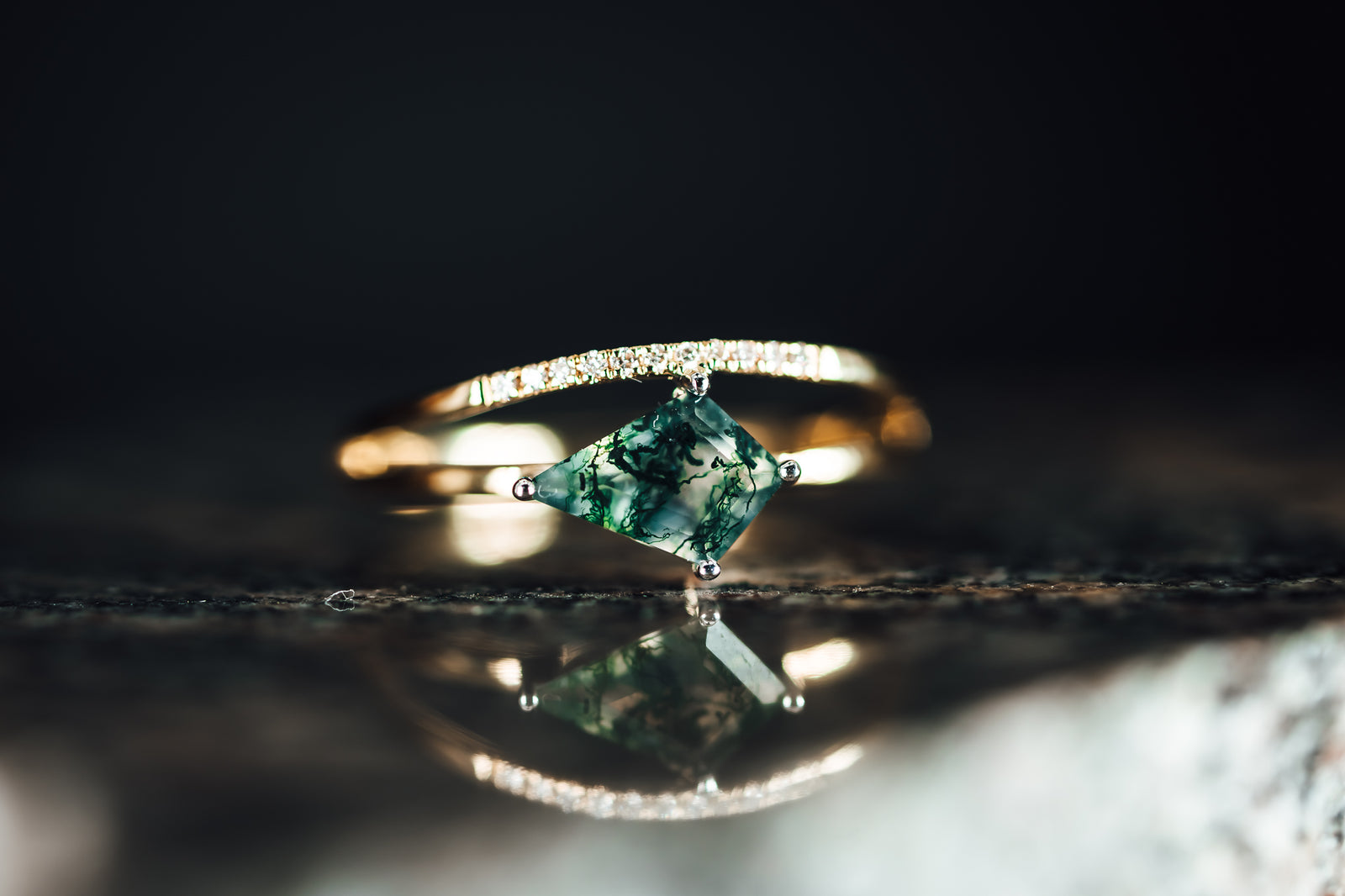 14k Yellow and White Gold Moss Agate and Diamond Ring