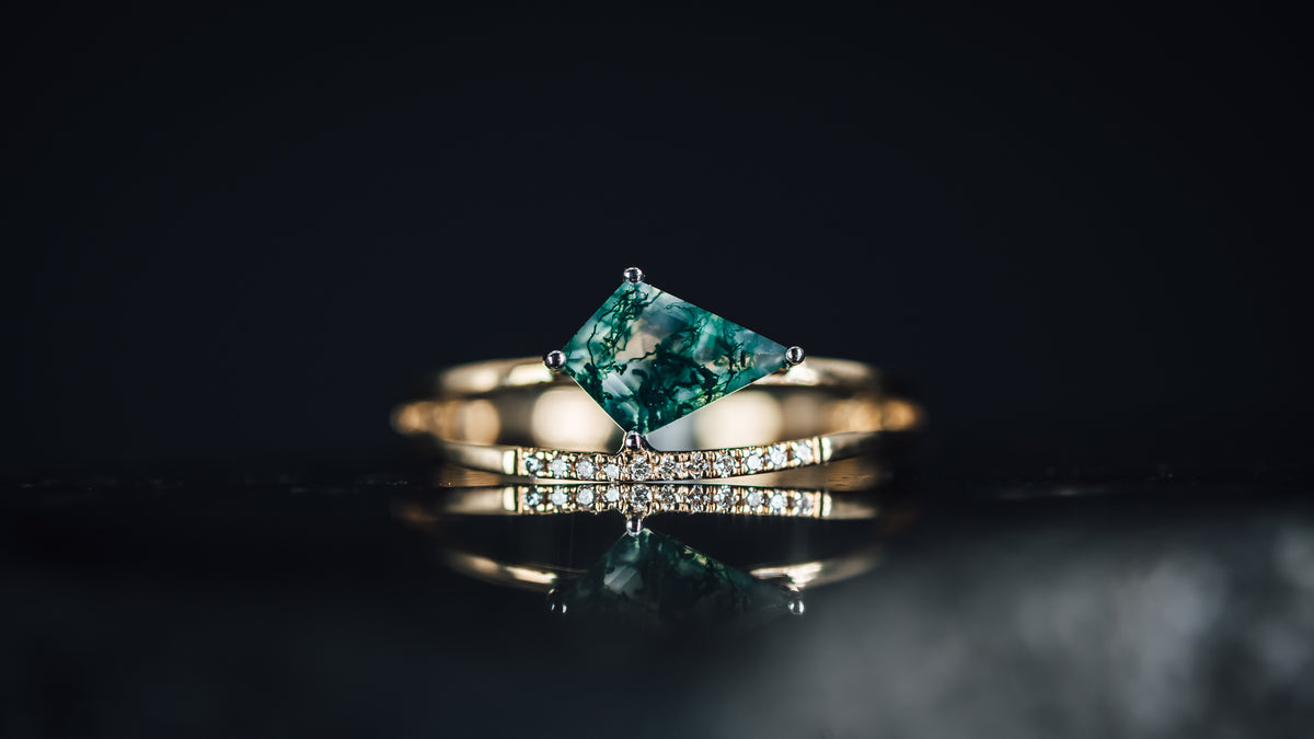 14k Yellow and White Gold Moss Agate and Diamond Ring