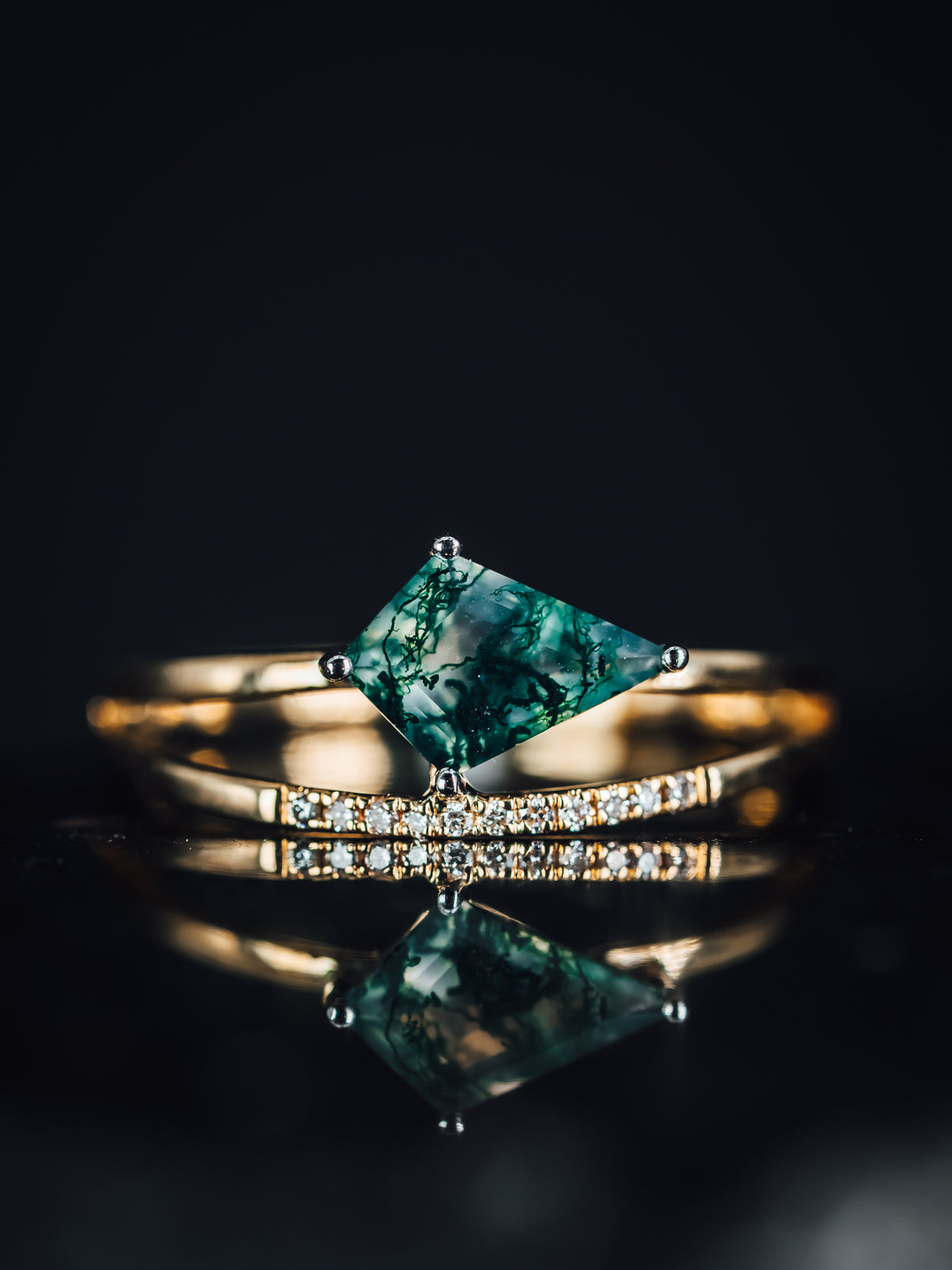 14k Yellow and White Gold Moss Agate and Diamond Ring