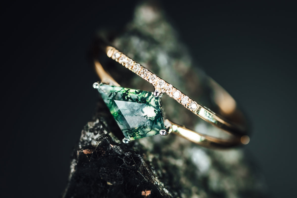 14k Yellow and White Gold Moss Agate and Diamond Ring