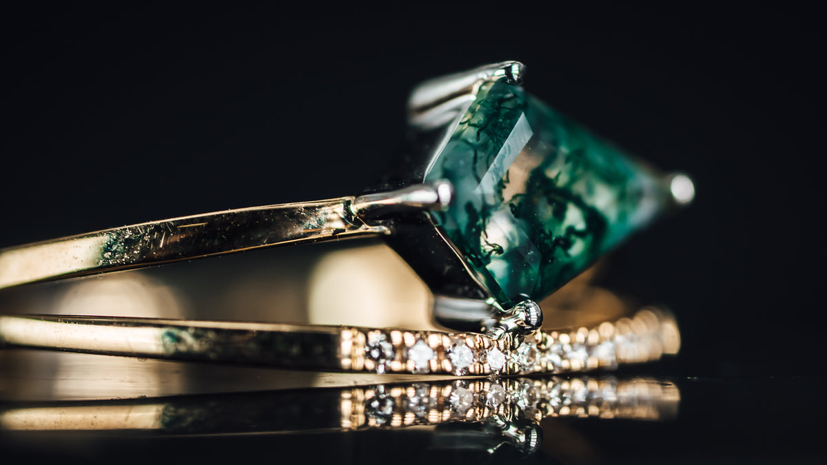 14k Yellow and White Gold Moss Agate and Diamond Ring