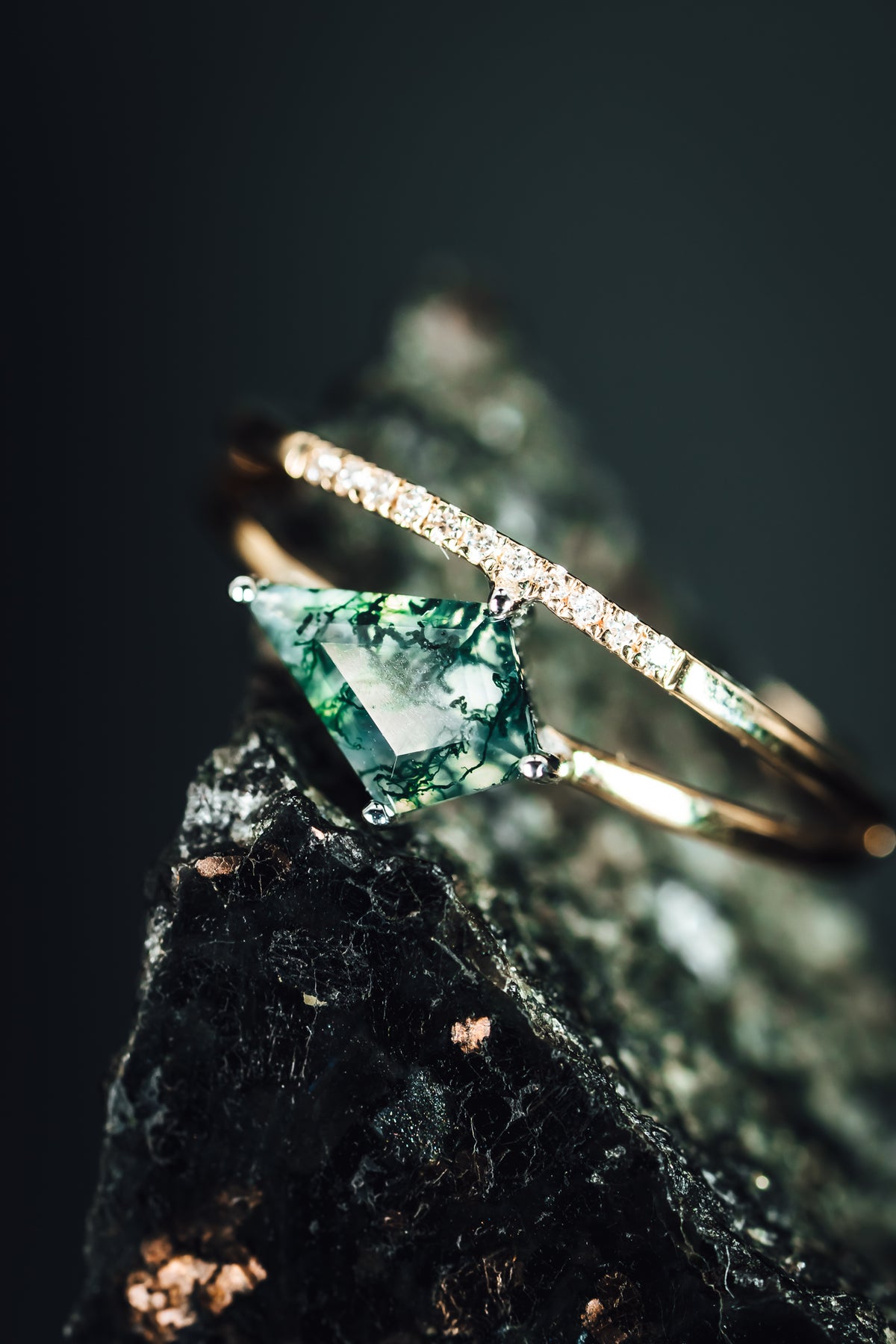 14k Yellow and White Gold Moss Agate and Diamond Ring