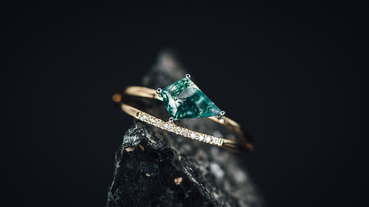 14k Yellow and White Gold Moss Agate and Diamond Ring