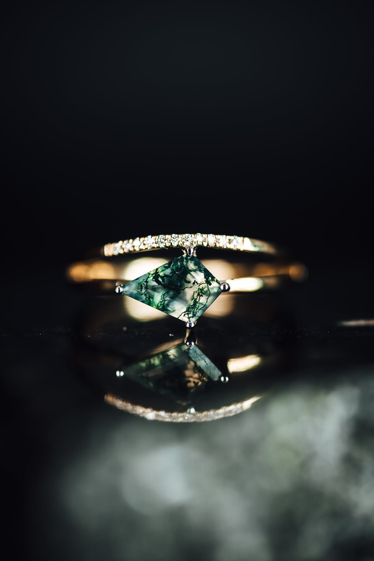 14k Yellow and White Gold Moss Agate and Diamond Ring