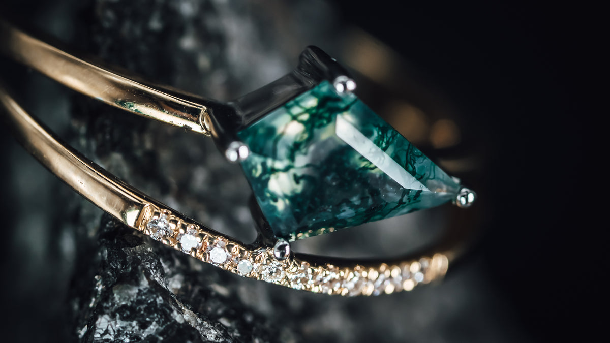 14k Yellow and White Gold Moss Agate and Diamond Ring