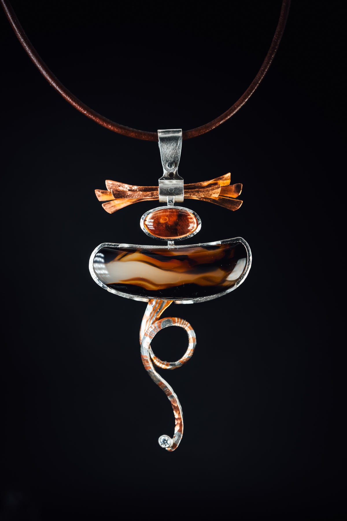 Sterling Silver and Copper Montana Agate Oregon Sunstone and Diamond Pendant