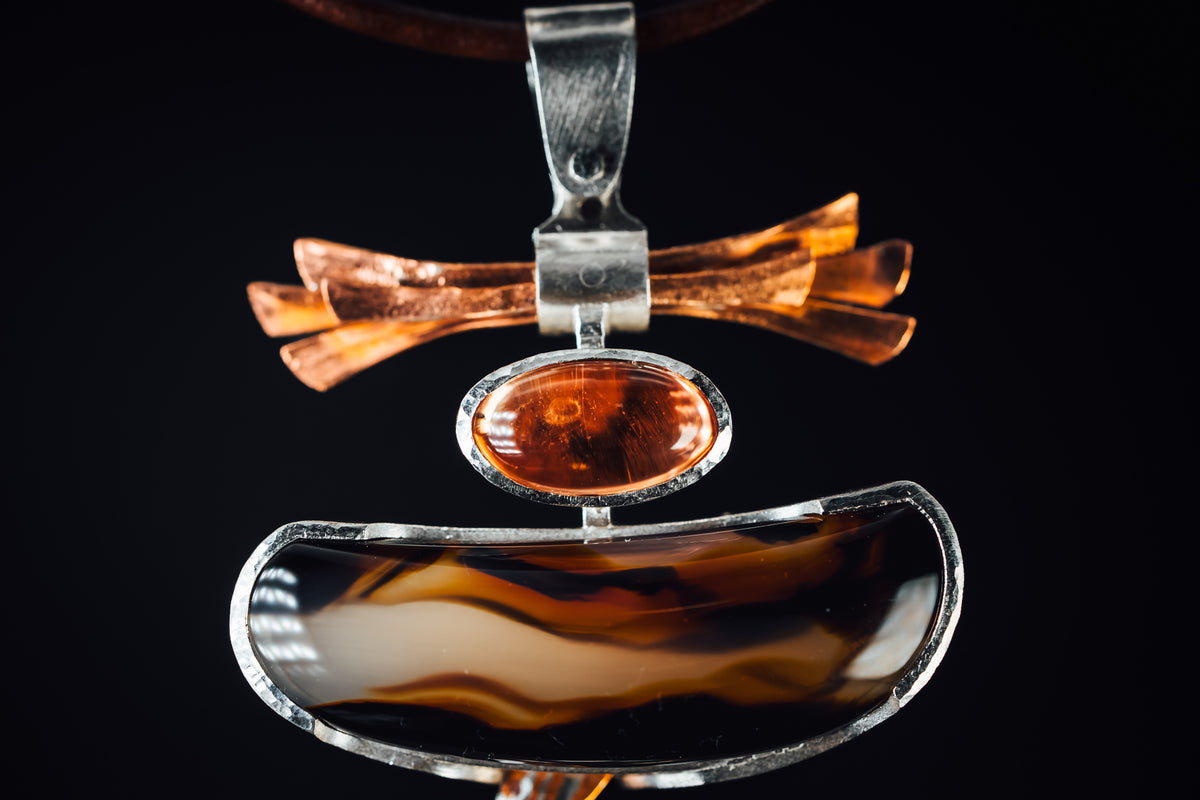 Sterling Silver and Copper Montana Agate Oregon Sunstone and Diamond Pendant