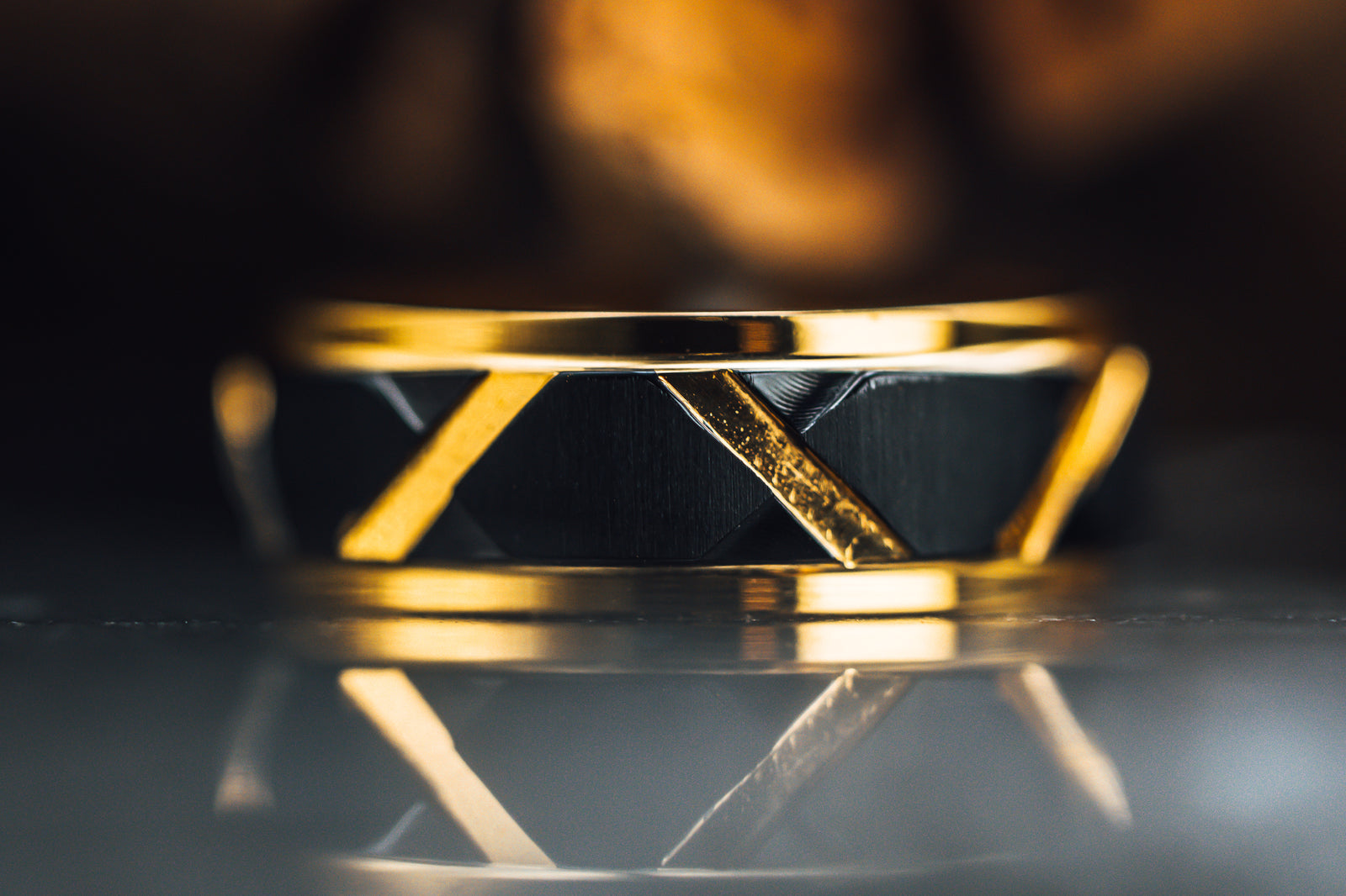 Yellow Gold Plated Flat Polished Step Edged Titanium Men's Wedding Band With Matte Black Raised Horizontal Etches and Gold-Plated Diagonal-Shape Cut Inlay